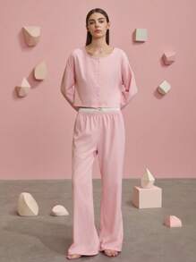 بيجامة نسائية، ملابس علوية علوية بياقة مستديرة وأزرار، وبنطلون كاجوال بخصر مطاطي، ملابس منزلية عصرية، ملابس خريفية