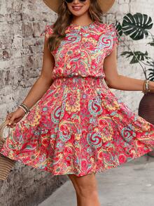 Vestido corto de mujer casual para vacaciones con estampado floral, hombros fruncidos, lazo, cintura con cordón, cuello redondo, botones delanteros y volante en el bajo