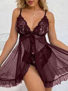 两件套女士无袖深紫色蕾丝雪纺前开襟性感内衣套装，高端奢华设计，情人节约会和私人场合的浪漫之选 - 彩色 - 查看 4