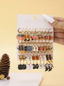 40 件万圣节系列恐怖耳环套装，合金吊坠南瓜、猫、蝙蝠、鬼魂、死神元素，适合女性日常佩戴