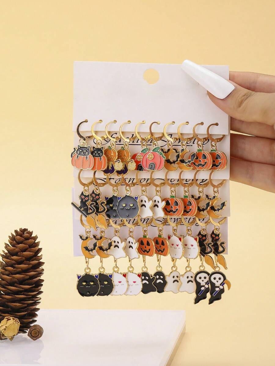 40 件万圣节系列恐怖耳环套装，合金吊坠南瓜、猫、蝙蝠、鬼魂、死神元素，适合女性日常佩戴