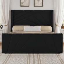 Full/ Queen Size Bed Frame With Tall Wingback Headboard And Footboard, Upholstered Platform Bed Frame With Geometric Tufted Headboard & Footboard, Velvet Modern Bed Frame, No Box Spring Needed, Easy Assembly, Cream White/ Black - 黑色 - 查看 1