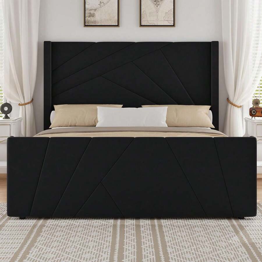 Full/ Queen Size Bed Frame With Tall Wingback Headboard And Footboard, Upholstered Platform Bed Frame With Geometric Tufted Headboard & Footboard, Velvet Modern Bed Frame, No Box Spring Needed, Easy Assembly, Cream White/ Black - 黑色 - 查看 1