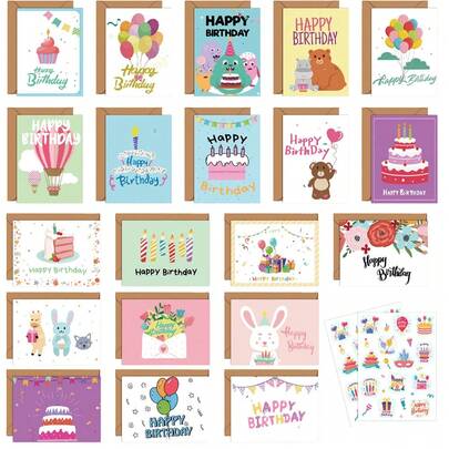 42pcs Happy Birthday Greeting Cards With Envelope Stickers DIY Combination Set INS Creative Wishing Message Birthday Card (20 Birthday Cards+20 Envelopes+2 Birthday Stickers)
