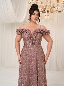 YISIKADO Vestido de fiesta largo para mujer de talla grande con tirantes de espagueti, escote en V profundo, manga corta, hombros descubiertos y adornos de volantes, para ceremonia, fiesta, boda, graduación o cena