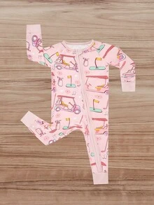 MOSSRIVER Newborn Baby Girl Stretch Comfortable Bamboo Fiber Skinny Edition Zipper Pink Jumpsuit Children's Hand Painting Series Hand Painted Cartoon Golf Club Car Full Body Printed Pattern Baby Baby Girl Bamboo Fiber Clothes - 粉色 - 查看 6