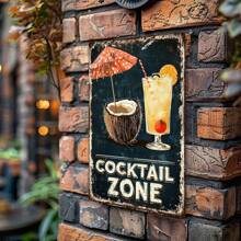 Un letrero metálico retro de "Zona de Cócteles" de 8x12 pulgadas, con un diseño tropical de coco y bebida, un arte de pared duradero adecuado para decoración del hogar, oficina, bar o cafetería, para uso interior/exterior, decoración de bar, perfecto para decoración de habitación.