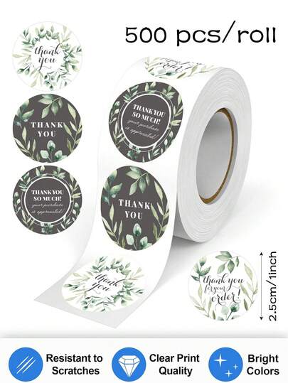 500 st. tackklistermärken med gröna blad, 2,5 cm runda tacketiketter, lämpliga för dagligt bruk och högtidsfester, presentinslagning, kort, kuvert, buketter, scrapbooking och andra gör-det-själv-dekorationer, vattentäta PVC-förseglingsklistermärken