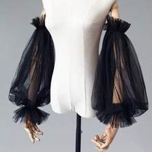 1 件双层网眼泡泡袖袖口，带 2 个弹性褶皱，适合新娘装饰，长款纯色校园休闲网眼面料海滩派对拍摄道具生日婚礼面纱袖套防紫外线秋装女士