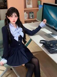 1 件优雅时尚腰部收紧撞色蝴蝶结褶皱迷你连衣裙，适合节日、派对、表演、女孩团体舞台装、摄影工作室万圣节 - 彩色 - 查看 3