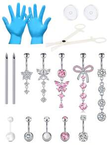 肚脐穿孔套件 - 不锈钢肚脐穿孔 14G 肚脐环、穿孔针和夹子套装 肚脐环 肚脐环 - 銀色 - 查看 1