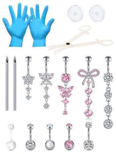 肚脐穿孔套件 - 不锈钢肚脐穿孔 14G 肚脐环、穿孔针和夹子套装 肚脐环 肚脐环