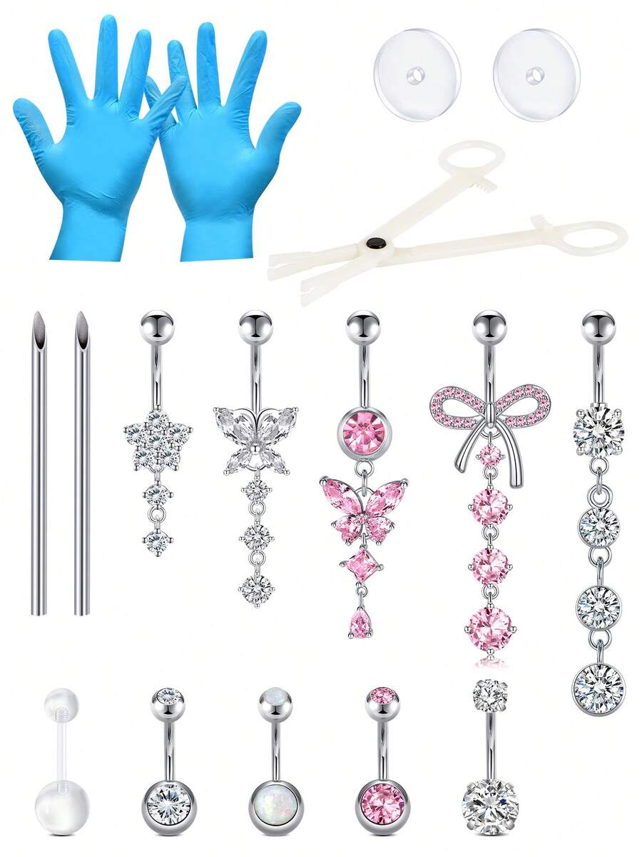 肚脐穿孔套件 - 不锈钢肚脐穿孔 14G 肚脐环、穿孔针和夹子套装 肚脐环 肚脐环 - 銀色 - 查看 1