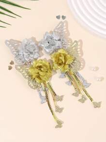 Set de 4 pinzas para el cabello con mariposas de purpurina para niñas, clips de cocodrilo con flores brillantes y purpurina en color plateado/dorado, con mariposas, lentejuelas y borlas, accesorios para el cabello con brillo para fiestas, vacaciones y adolescentes
