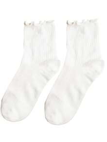 1 双/10 双女式白色荷叶边休闲百搭中筒袜，秋季袜子 - 白色 - 查看 3