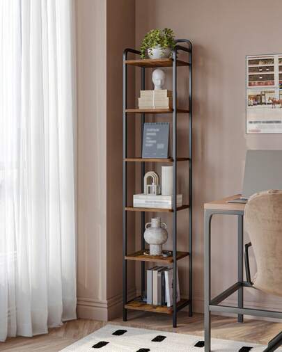 Hzuaneri Bookshelf, Shelf, Freestanding Shelf, Narrow Bookshelf, Industrial Corner Shelf, Slim Shelf For Home Office, Living Room, Bedroom, Kitchen