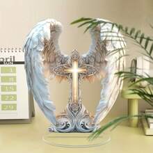 1pc Bohemian Style Acrylic Angel Wing Cross Decoration - 2D Desktop And Window Display Decor, No Electricity Needed, Suitable For Various Room Types, Gift And Sun Catcher, Random Style
