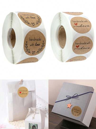 1/2rolls Handmade Love Kraft Paper Sticker Roll, Self-Adhesive Paper Label Roll Decorative Label Used For Baking Packaging, Homemade Gifts, Small Business Items, Envelope Sealing, Wedding, Birthday, Party Gift Packaging Bags Sticker Labels