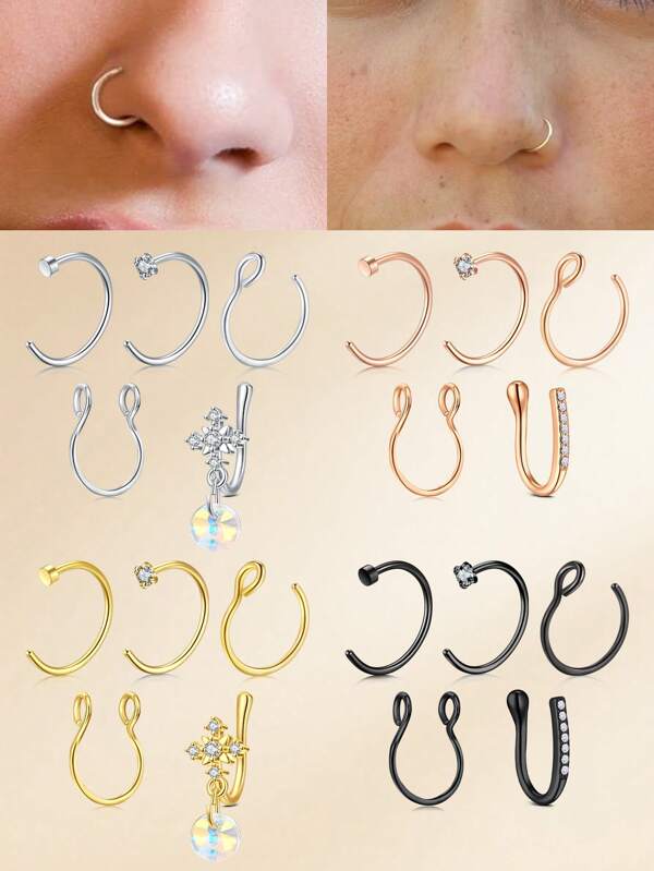5pcs/Set Funky Fashion Punk Stainless Steel Fake Nose Ring For Women, Septal Ring C Clip Ring For Unisex, Fake Piercing Body Jewelry Non Piercing, Fake Nose Ring Hoop Fake Nose Piercing Fake Septum Fake Nose Ring, Fake Nose Rings & Septum Piercings - Clip On, Non-Piercing, Faux Nose Rings & Hoops For Women & Men Faux Nose Ear Lip Cuffs Non Pierced Jewelry For Women Men