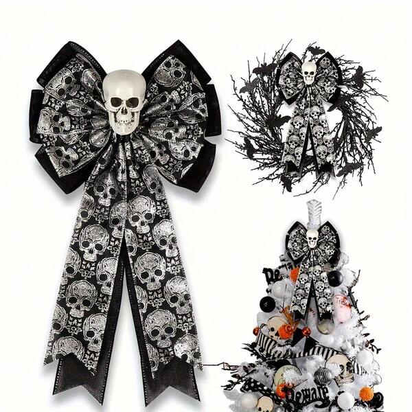 Decoración gótica de calavera, lazo de decoración de corona de Halloween, lazo de remate de árbol de Halloween, lazo decorativo con calavera brillante plateada y negra de arpillera para la entrada del hogar en otoño