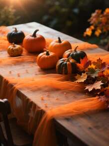1件仿珍珠装饰薄纱面料，摄影背景，可用作桌旗、珍珠背景桌布，白色珍珠薄纱桌布，适用于婚礼、婚礼拱门装饰、婚宴、新娘送礼会、派对装饰 - 橘色 - 查看 6