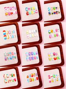 NAIO 288pcs/Set (12 Mixed) Short Square Round Colorful Cute Cartoon Pattern Nails Lovely 3d Press-On Nails Perfect Fit Acrylic False Nails Set, Children's Nail Stickers Full Coverage False Nail Stickers Press-On Nails With Storage Box, Nail Art For Girls And Children Daily Wear And Family Gatherings, Pink Girl Style