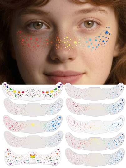 全息雀斑贴纸，心形雀斑纹身贴纸，闪光贴纸，防水临时纹身贴纸，带闪光星星心形点状图案，成人配饰，派对，节日，日常妆容