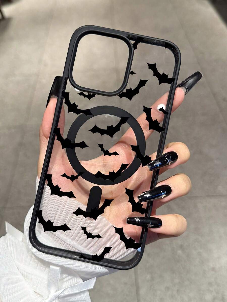 Funda de teléfono magnética inalámbrica de carga con patrón de murciélago negro de estilo gótico, funda protectora de teléfono Apple transparente, regalo de fiesta compatible con iPhone 16 15 14 13 12 11 Pro Max - Multicolor - Ver 1