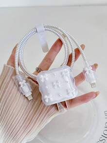 5pcs/Set White Bow Pearl Design Charging Accessory Kit (20W/18W), Includes Charging Cable Protector, Charger Head Cover, Compatible Charger, Nano Cable Protector, Charger Accessories, Phone Accessories