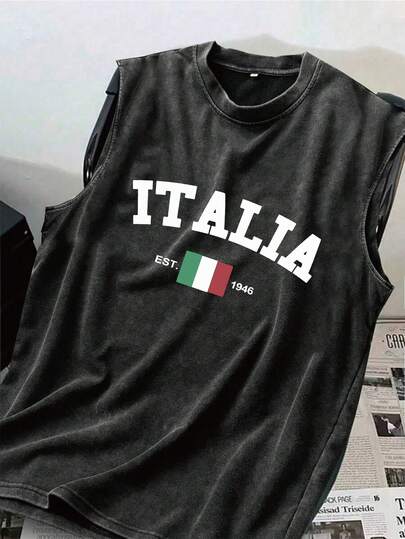 复古水洗男士休闲无袖背心，简约意大利国旗印花，适合春夏季日常穿着