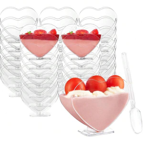 3 Oz Mini Dessert Cups With Spoons, Heart-Shaped Bowls, Perfect For Tasting Birthday Party Desserts, Parfait Cups, Wine Glasses, Reusable Fruit Ice Cream Pudding Appetizer Cups And Bowls.