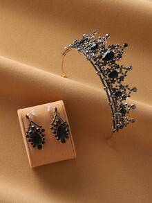 新娘3件套黑色皇冠耳环优雅婚礼配饰适合女性婚礼派对