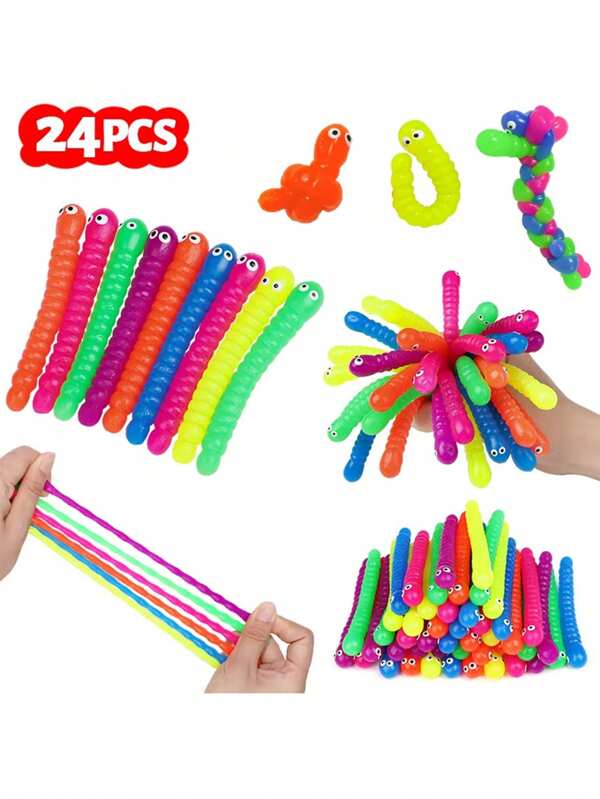 12/24Pcs Colorful Soft Caterpillars Fidget Toy Stretch String TPR Rope Birthday Party Favors Pinata Filler Halloween Gifts
