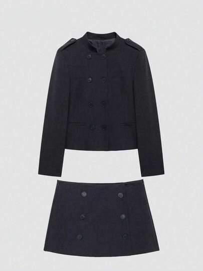 女士时尚休闲百搭吊带装饰长袖立领西装外套和裙套装