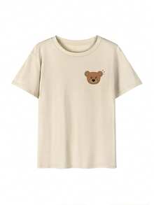 Women's T-Shirt, Short Sleeves, Round Neck, Summer, Simple, 100% Cotton, Brown Bear Design - 杏色 - 查看 2