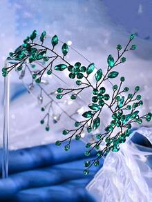 1件手工制作的绿色水晶元素发箍，优雅新娘发饰，个性化礼物 - 金色 - 查看 5