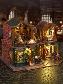 Vintage Bookstore Style Miniature House With LED Light, Double Building Design DIY Wooden Kit With Book Shelves And Street Details, Twilight Book Mall For Home Decoration, Holiday Gift And Relaxing Assembly Project - Multicolor - View 7