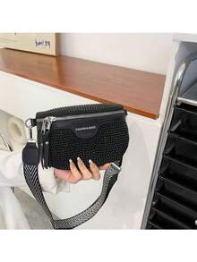 Set de 2 piezas: Riñonera y bolso de pecho decorados con strass para mujer, con compartimento para monedas, adecuado para salidas de verano, deportes, regalo del Festival del Eid - Negro - Ver 8