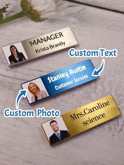 Custom Name Picture Badge Pin, Personalized Custom Text Photos Elegant Stainless Steel Name Tag, Minimalist Design, Customizable Text Photo Novelty Slogan Theme For Business ID - Square Shape Badge For Managers And Professionals, Father's Day Gift, Mother's Day Gift, Gift For Teacher, Company Gifts