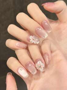 10 件方形指甲按压式指甲中号、极简主义腮红玻璃珠冰闪亮猫眼、手绘花卉 3D 雕刻花朵、浮雕水晶露珠、空灵光泽优质通用美甲片、前卫优雅奢华手工夏季指甲、婚礼美学、DIY 假指甲艺术适合女士和女孩、日常约会可重复使用、作为礼物美甲用品 - 1 个指甲锉和 1 个凝胶