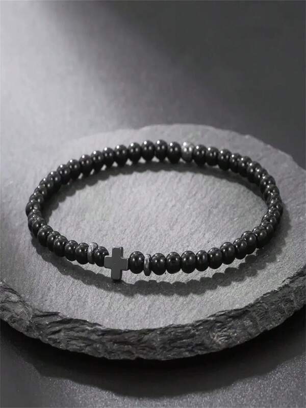 4mm Natural Stone Bracelet Men Hematite Cross Rice Bead Bracelet Boyfriend Gift