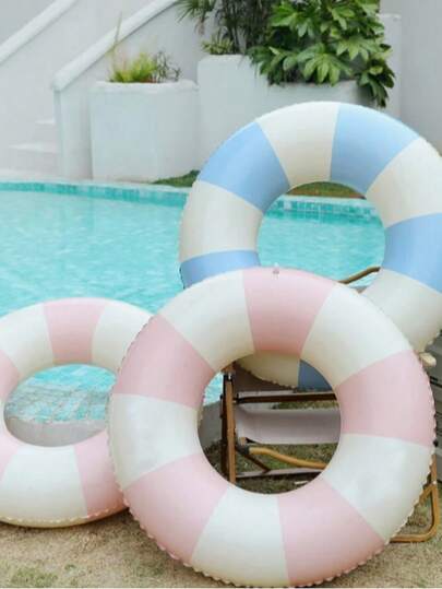 1 件装充气条纹蓝粉色男女通用游泳圈，加厚 PVC 泳池浮圈，小孩和成人腋下浮圈，夏季乐趣