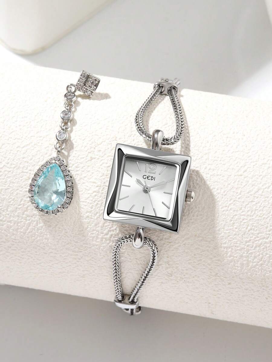 gedi 1 件女士白色简约合金手链手表，精致的方形表盘，时尚的白色指针，休闲精致极具吸引力的女士手表条形表盘，豪华石英表适合日常装饰、佩戴和派对通勤旅行 - 黑色 - 查看 1