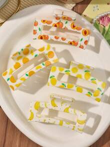 爪夹 4 件装 ABS 波西米亚水果桃柠檬香蕉橙色 UV 印花方形发夹，甜美光泽简约时尚日常发饰，适合春夏季、学校用品、大学 - 彩色 - 查看 2