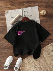 Tropical Print Crew Neck Short Sleeve T-Shirt For Teenage Girls, Summer Top - Black - View 2