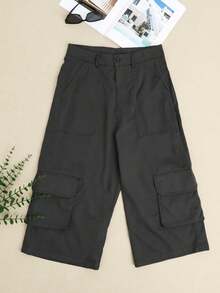 女士新品休闲纯色口袋短款工装裤