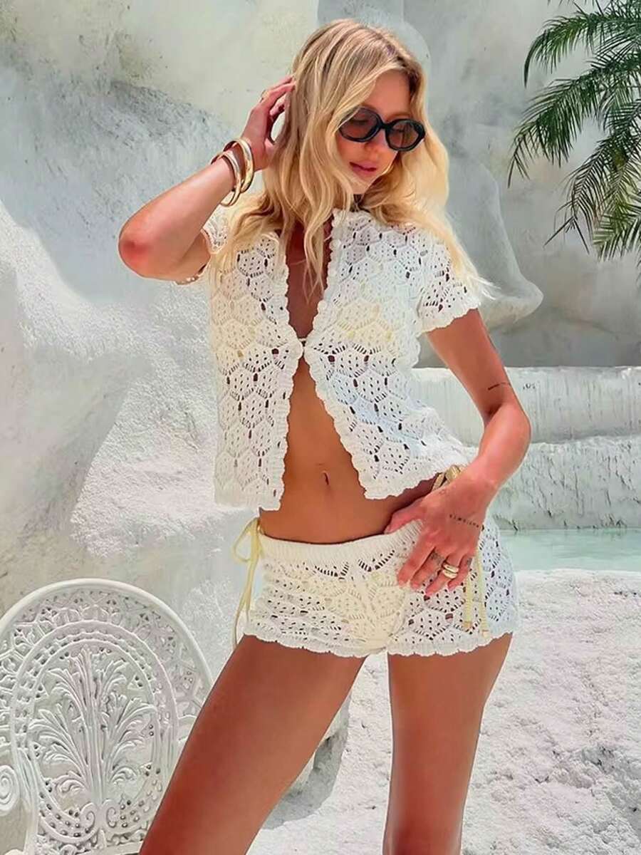 Women's Bodycon Deep V Neck Suit Cropped Cutout Lace Print Design T-Shirt Low Rise Shorts Beach Vacation Seaside Date Shopping - 白色 - 查看 1