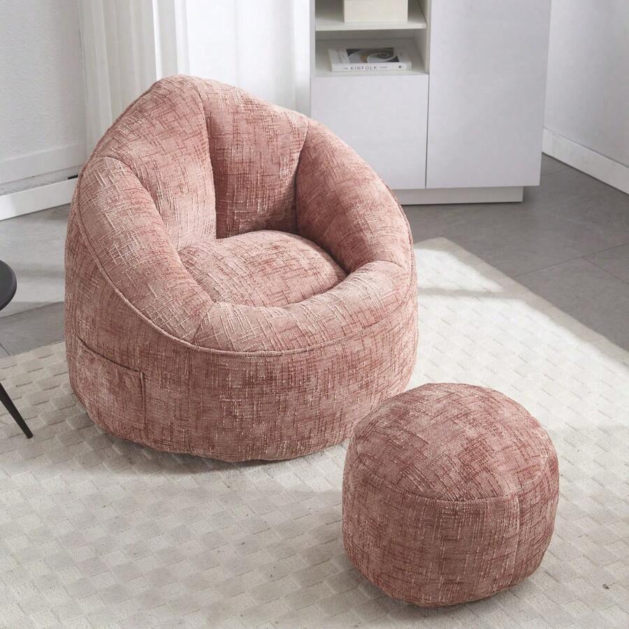 Sofa Bed Bean Bag, Comfortable Recliner Chair With Footrest, Breathable Chenille Fabric, Side Pockets