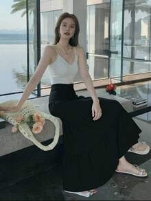 Bamboo Fashion Maxi Skirt With Buttons And Layered Hem For Vacation And Beach Women's Clothing Tres Marias - 黑色 - 查看 4