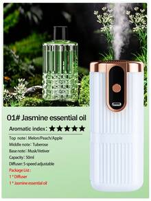 1个白色自动家用香薰机（含6种精油），迷你ABS静音空气清新剂，带定时功能，适用于卧室、浴室、办公室，可充电，5种工作模式，可桌面或壁挂式安装